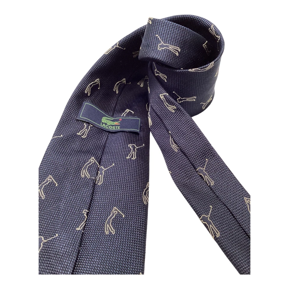 Corbata de seda de diseñador de lujo con estampado de golfista azul LACOSTE con: 3,5" EXCELENTE ESTADO Foto 3 de 4