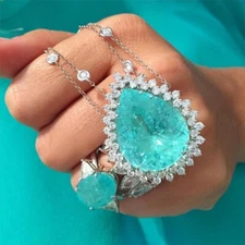 CARIBBEAN BLUE NATURAL GLOWING NEON PARAIBA TOURMALINE NECKLACE PENDANT 925 SS