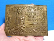 MONTAUK SILVER CO BELT BUCKLE ADOLPH COORS & CO BREWERY BRASS VINTAGE 3 X 4"