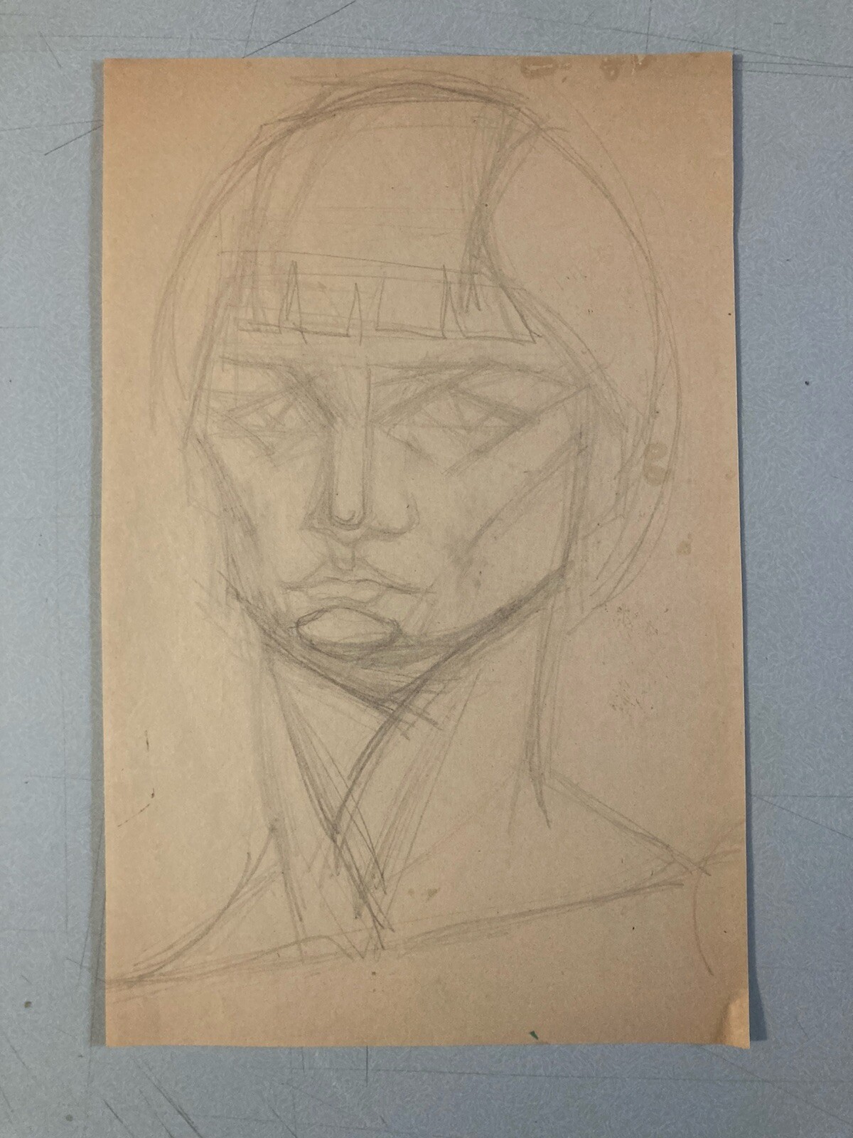 Antique 1950 Cubist Drawing Old Lead Mine Woman Art Cubism Head Bust Pencil