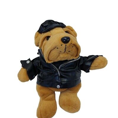 Biker Brown Bulldog Dog Puppy Plush Stuffed Animal Black Hat Jacket 10”