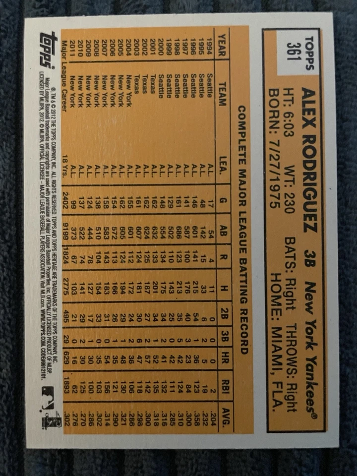 2012 Topps Heritage - #361 Alex Rodriguez - Image 2 of 2