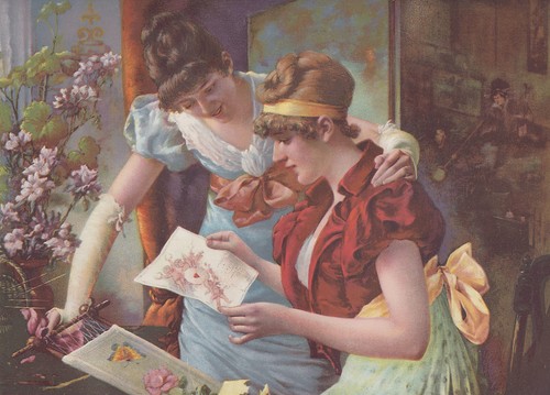 VICTORIAN LADIES READING VALENTINE'S DAY CARD LITHOGRAPH ANTIQUE PRINT 1894 - Picture 2 of 2