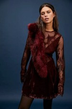 Free People Marlie Lace Mini Dress Velvet Sheer Garnet Smocked Bell Sleeve New S
