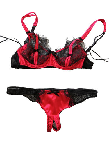 Ann Summers Small Black & Red Peek-A-Boo U/W Semi Padded Satin/Lace Bra & Thong - 第 1/5 張圖片