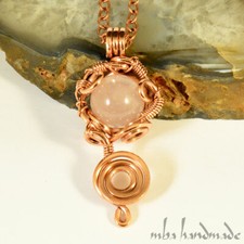 Rose Quartz Crystal Copper Wire Wrapped Pendant Handmade Jewelry