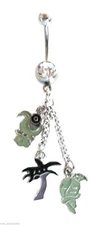 Belly Ring Tropical Palm Tree w/Parrots Long Dangle Naval Steel 