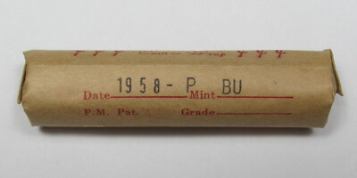 1958 P Lincoln Cents BU Penny Roll of 50 Wheat Pennies in Old Foil-Lined Wrapper