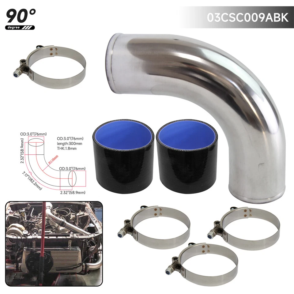 Tubo intercooler turbo de aluminio 90 grados 76 mm 3,0" + manguera de silicona + abrazadera BK Foto 4 de 4