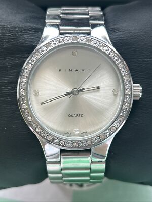 Finart Silver Tone Rhinestone Bezel Womens Quartz Watch
