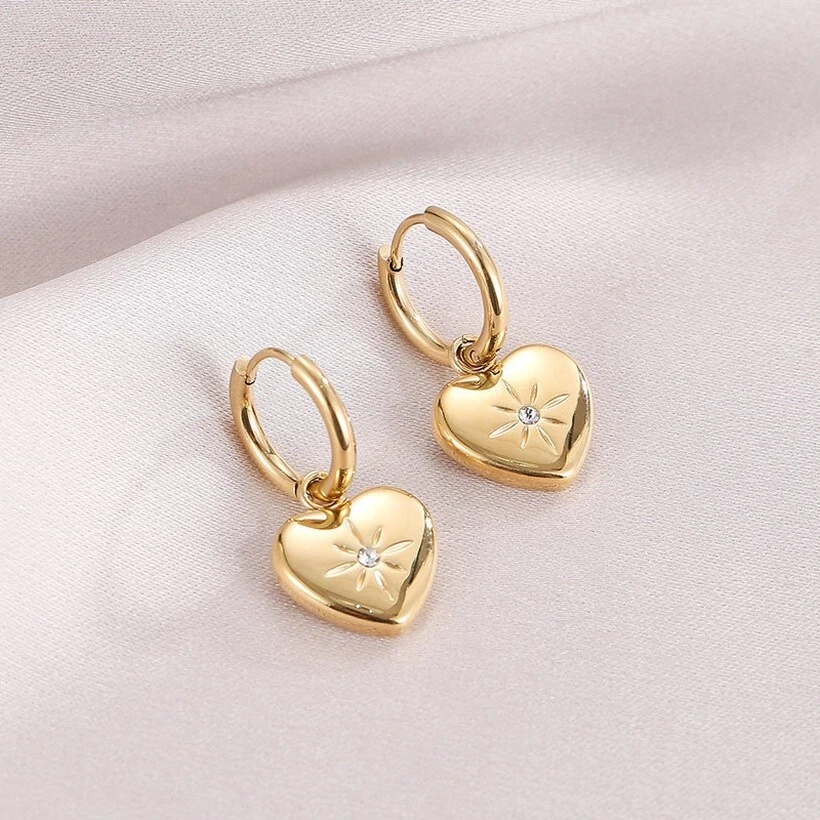 18ct Gold-Plated 14mm Hoop Earrings with Heart Charm & Cubic Zirconia Stone - Image 3 of 3