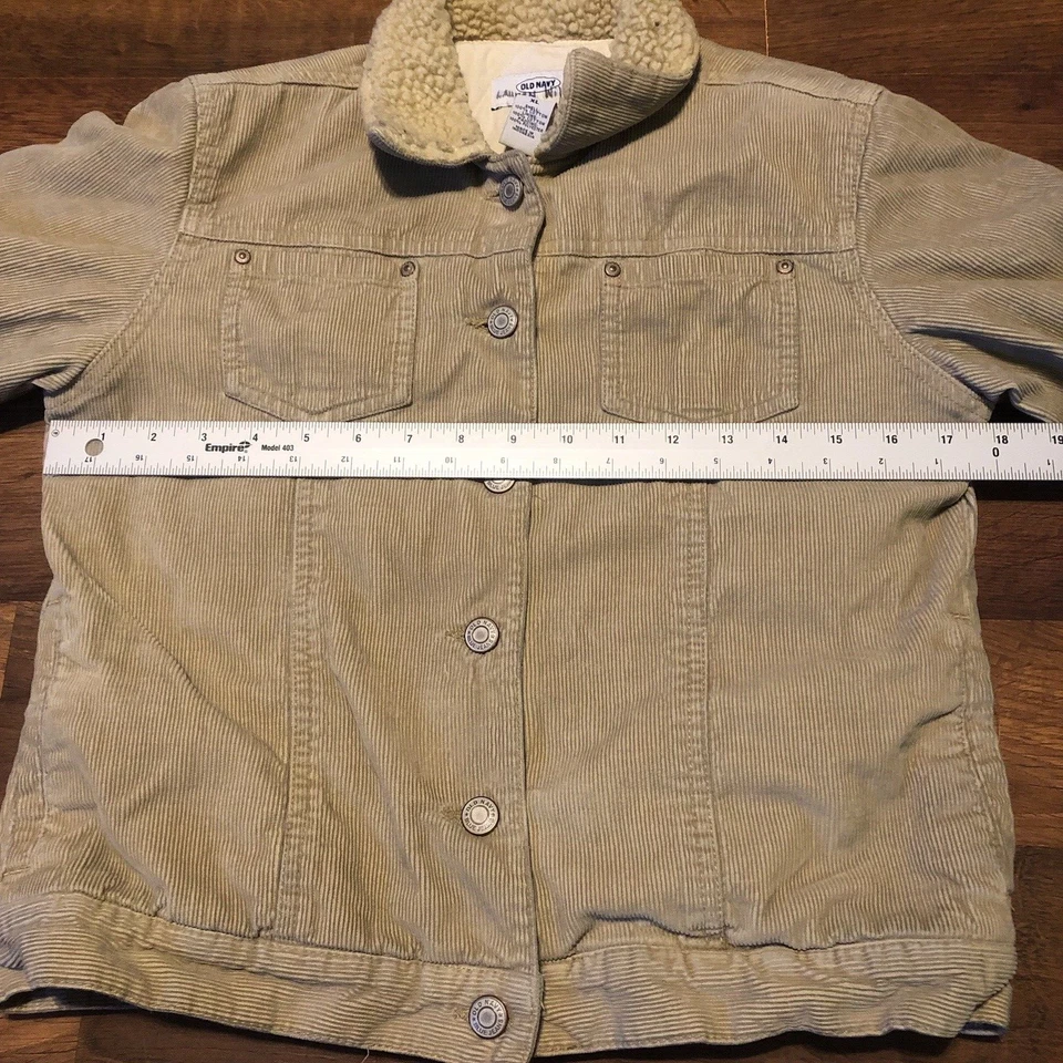Chaqueta de camionero beige pana vintage azul marino antiguo abrigo con botones forrado Sherpa XL Foto 3 de 4