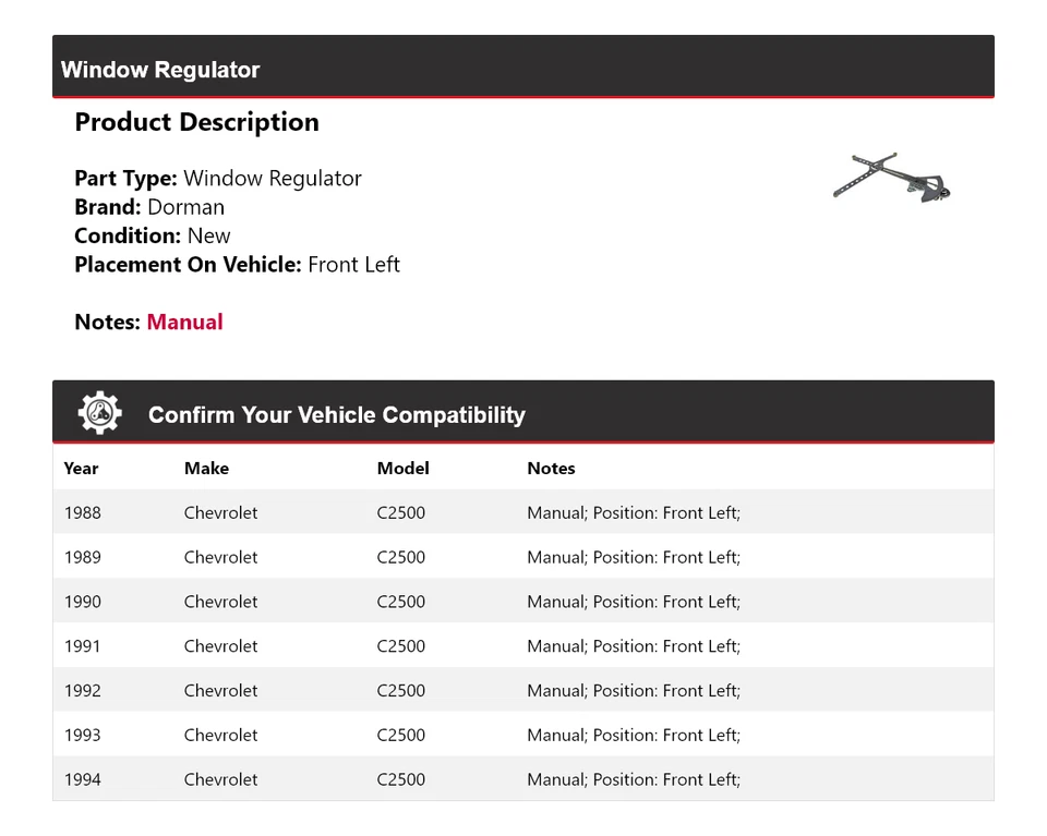 Regulador de ventana delantero izquierdo Chevrolet C2500 Dorman 1988-1994 1989 1990 1991 Foto 2 de 4