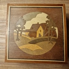 Vtg Wood Inlay Cottage Design Oak Puzzle Lockable Trinket Wooden Box 12 Cms