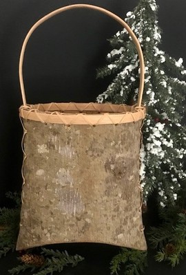 BIRCH TREE BARK HAND-CRAFTED NATIVE TRIBAL ART LARGE HANGING BASKET WITH HANDLE
