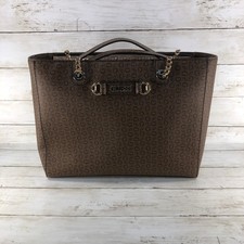 GUESS Brown Monogram Logo Tote Bag Gold Tone Hardware Shoulder Bag
