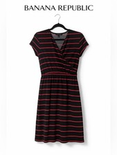 Banana Republic Petite Faux Wrap Dress Black Pink Striped V-Neck PS