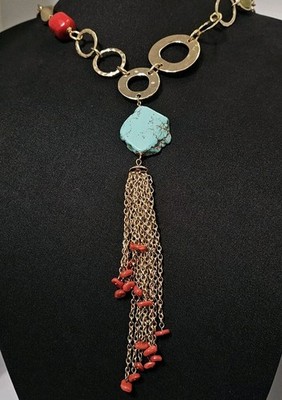 Chicos Turquoise Red Coral Gold Tassel Necklace Chunky Circle Link Statement Wow