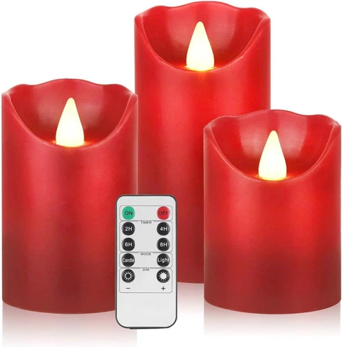 Red Flameless LED Candles Set of 3 Remote Timer Battery Wax Flickering Light - product listing photo