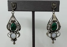 VTG Israeli Sterling Silver Filigree Green Eilat Stone Boho Long  Drop Earrings