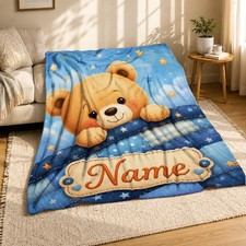 Teddy Bear Name Coral Fleece Blanket Personalized Nursery Decor