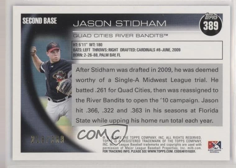 2010 Topps Pro Debut Blue /369 Jason Stidham #389 - Image 2 of 2