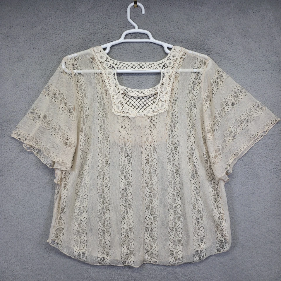Top Lujoso Vintage Mujer 2X Crema Encaje Crochet Floral Transparente Boho Kimono Cubierta Foto 3 de 4