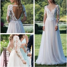 Elegant Long Sleeves Wedding Dresses A Line Lace Applique Backless Bridal Gowns