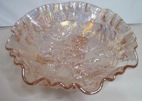 Lenox Imperial Raised Rose Pink Ruffled 8" Carnival Glass Iridescent Bowl
