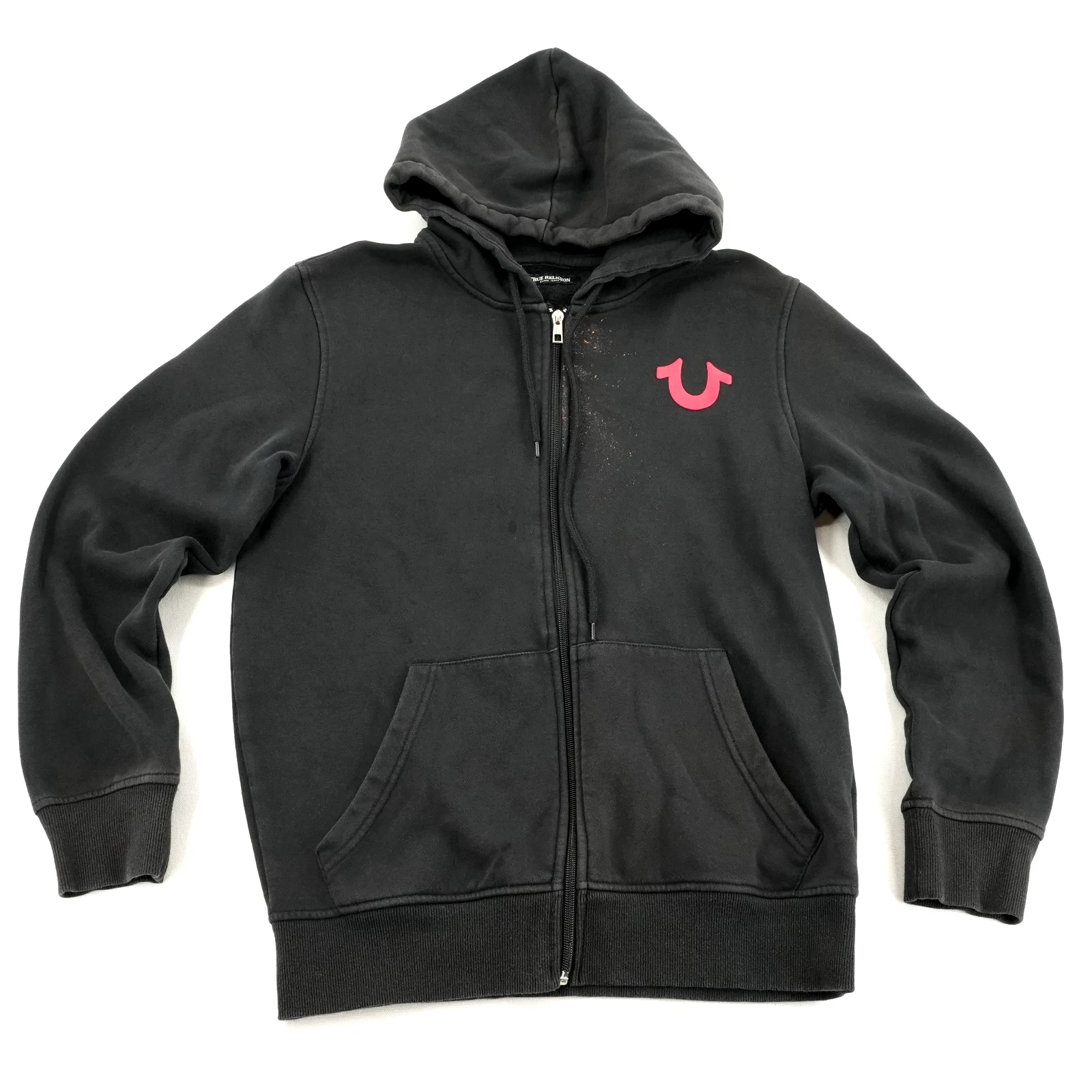 True Religion Flocked Horseshoe Zip Hoodie Black Logo No Size