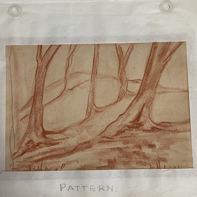 1939 Red Pencil Tree Landscape Drawing Signed R Wasil Art School Study Pattern