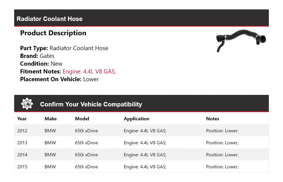 Manguera de refrigerante de radiador de gas V8 4,4 L para BMW 650i xDrive 2012-2015 puertas inferiores 2013 Foto 2 de 3