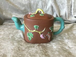 Antique Chinese Yixing Zisha Clay Teapot W/ Color Glaze Grape Vines Signed Seal