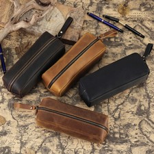 Large Capacity Genuine Leather Pencil Case Zip Pen Storage Pouch Stationery Bag
