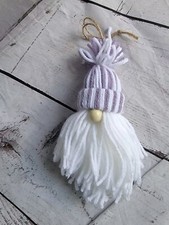 Handmade Hanging Yarn Pom Pom Christmas Gnomes Ornament Purple And White Hat New