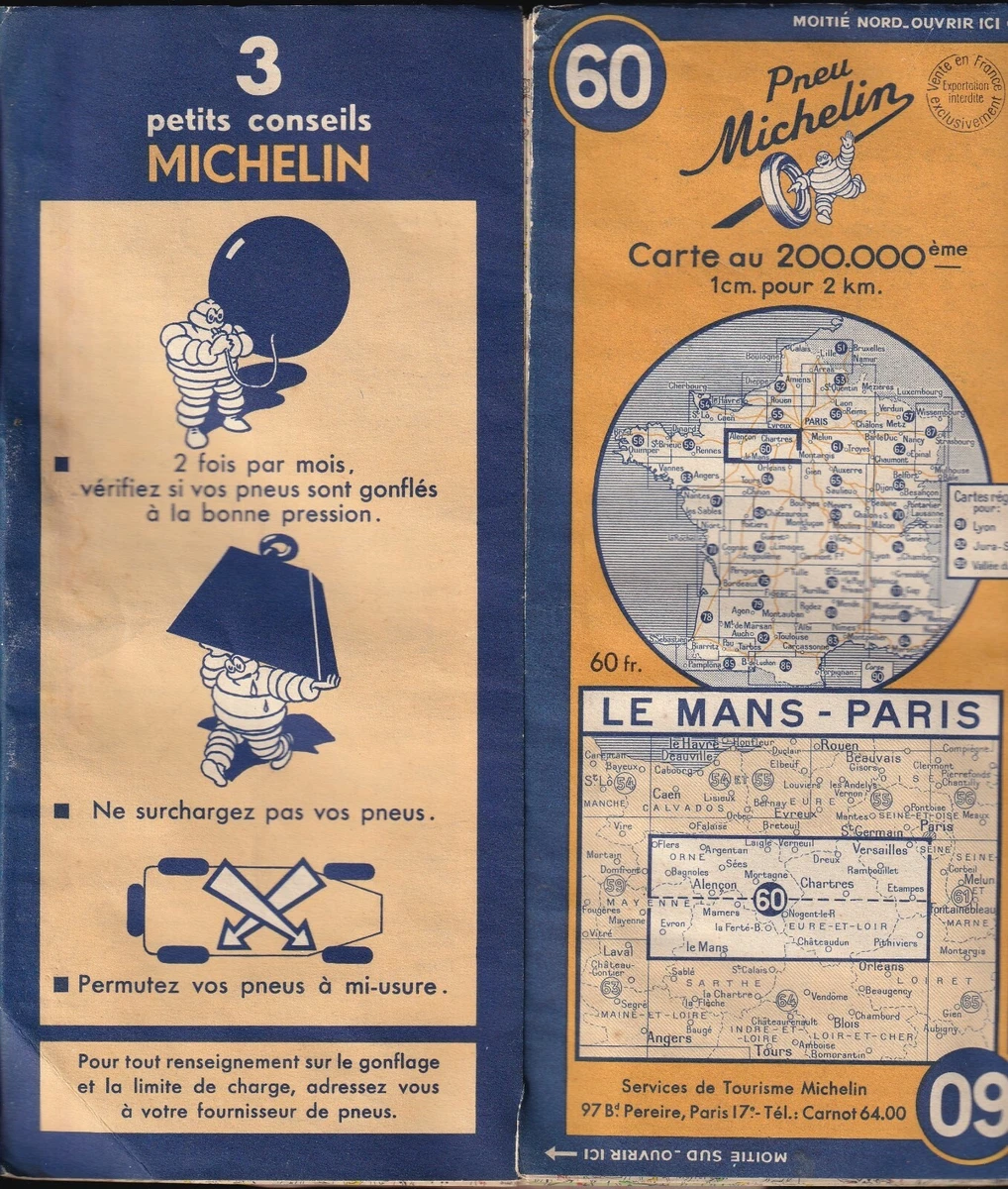 CARTE MICHELIN OLD map n°61 PARIS CHAUMONT1953 Guide Bibendum pneu tyre EUR 7,00 - DE