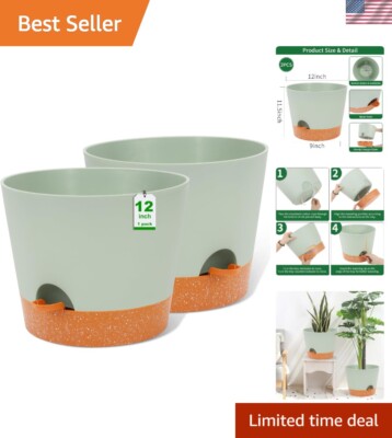 Modern Round Self-Watering Plant Pots for Indoor Outdoor Use - 12-Inch, 2 Pieces