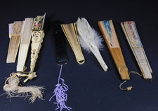 5 Antique Folding Fans Hand Painted Mirrored Carved Feather  3 Asian Fans as is