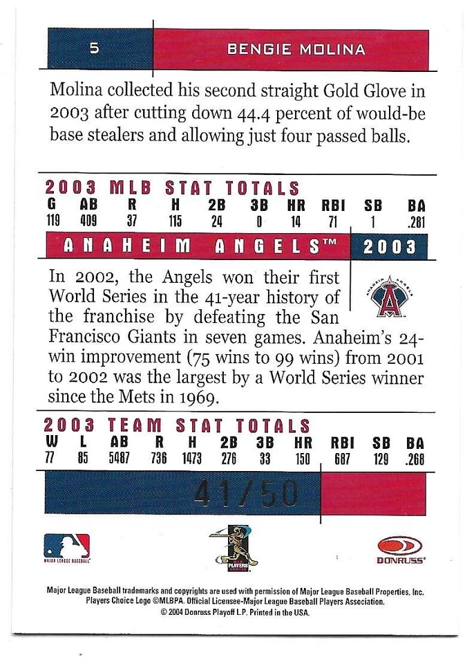 Bengie Molina 2004 Donruss Team Heroes Showdown Silver #5  #41/50  Angels - Image 2 of 2