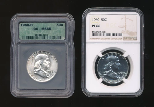 2 ~Graded Franklin Silver Half Dollars 50C  1958D ICG MS65 & 1960 NGC PF 66    v