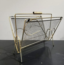vtg Metal brass tone black mesh Magazine Record holder RACK 14 1/2" T MCM
