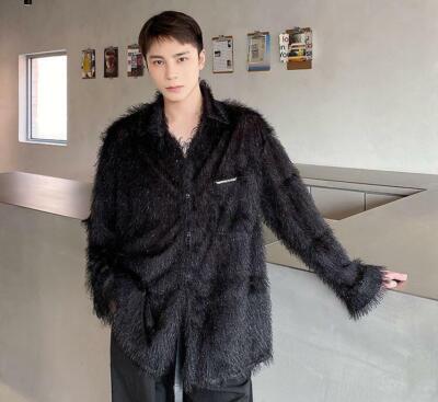 Tassels Men's Fluffy Shirt Lapel Long Sleeve Blouse Sequin Top Design Fashion OL
