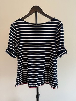 Tommy Hilfiger Women's Navy and White Striped Roll-Tab Sleeve Cotton Top Size S