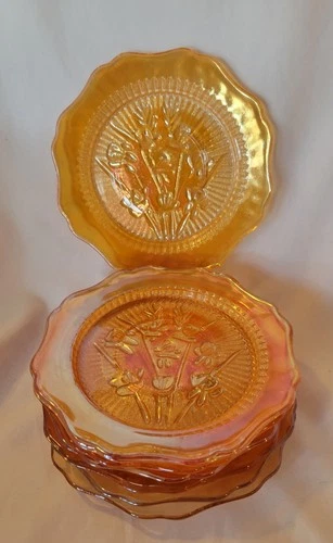 EUC Set Of 7 VTG Jeanette Marigold Carnival Glass Iris & Herringbone Plate  5.5"