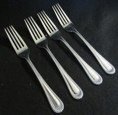 4 WALLACE WICKHAM STAINLESS DINNER FORKS HARD TO FIND HALF BEAD BORDER