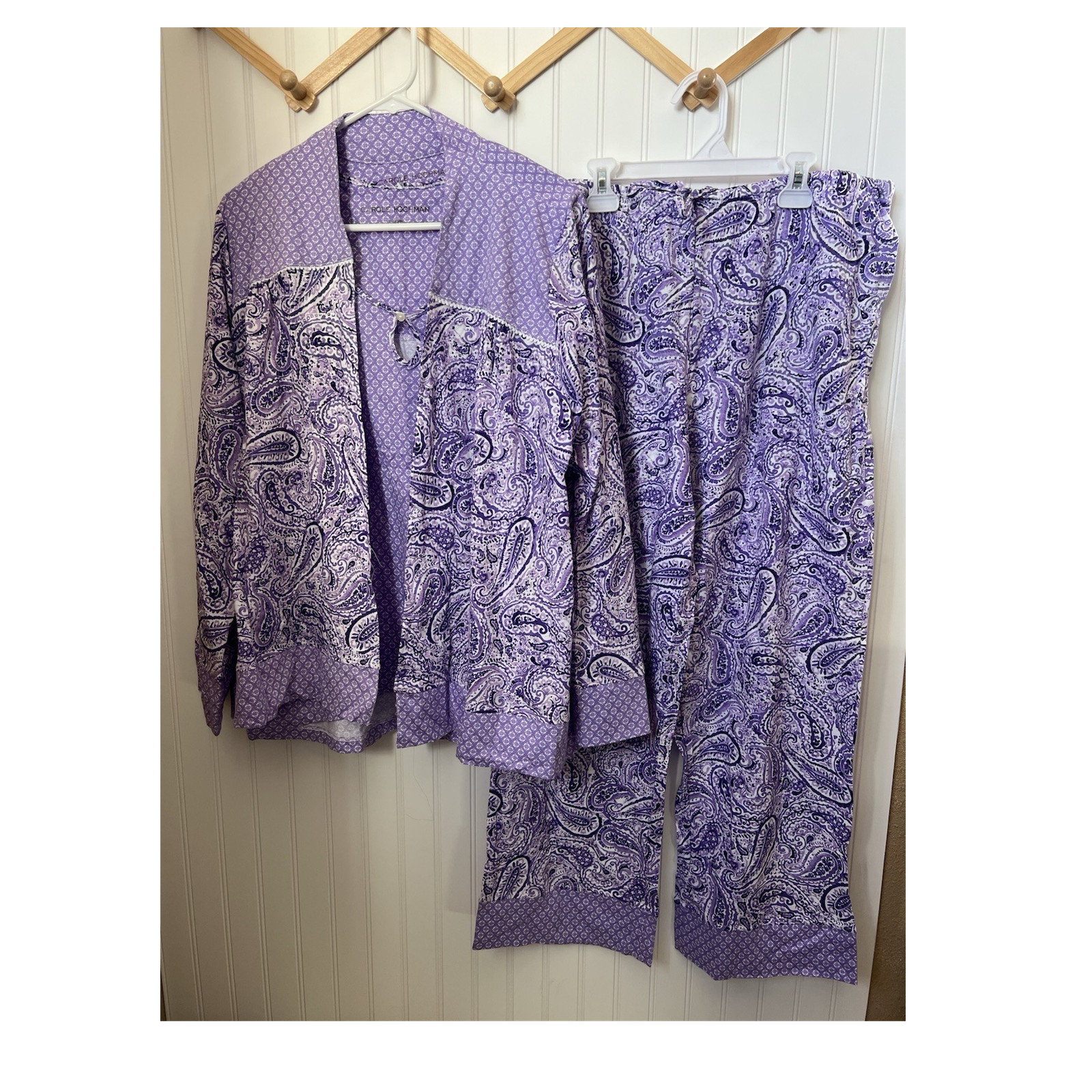 Carole Hochman Women’s Large Purple White Paisley Cotton Long Sleeve 3pc PJ Set