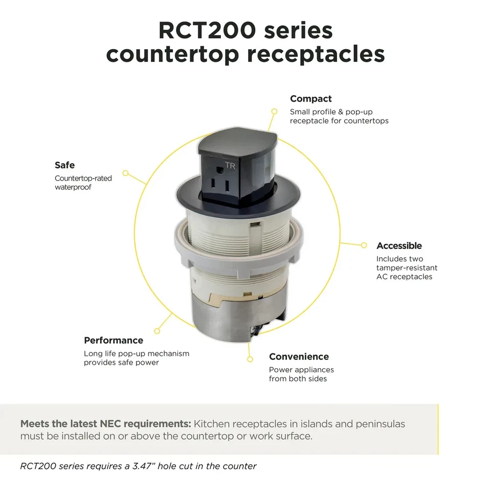 HUBBELL 15A Kitchen Counter Receptacle, Surface Mount, Pop Up, RCT200NK, Nickel - Image 4 of 4
