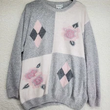 Vintage Erika Women's Sweater 3XL Gray Pink Silk Angora Lambswool Floral Soft