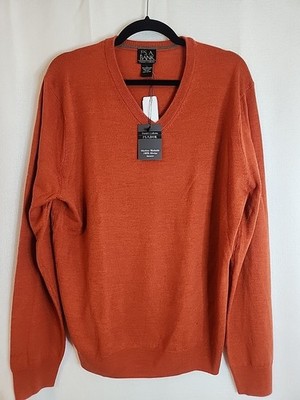 NWT Jos A Bank Traveler Sweater Mens L  Rust 100% Merino Wool V Neck Knit