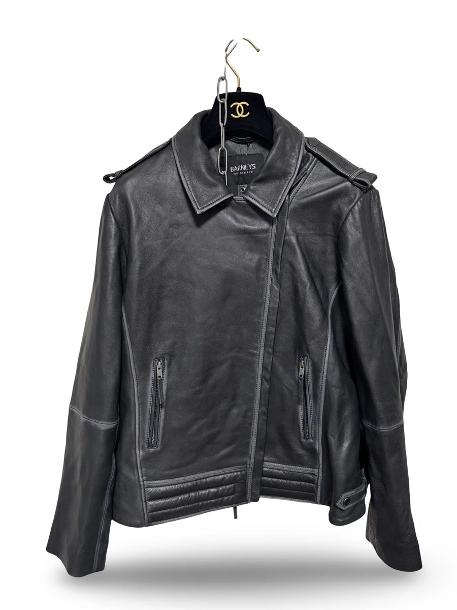 BARNEYS ORIGINALS ブラック レザーライダースジャケット Men's Leather Racer Jacket with Quilted Shoulders - Barneys Originals